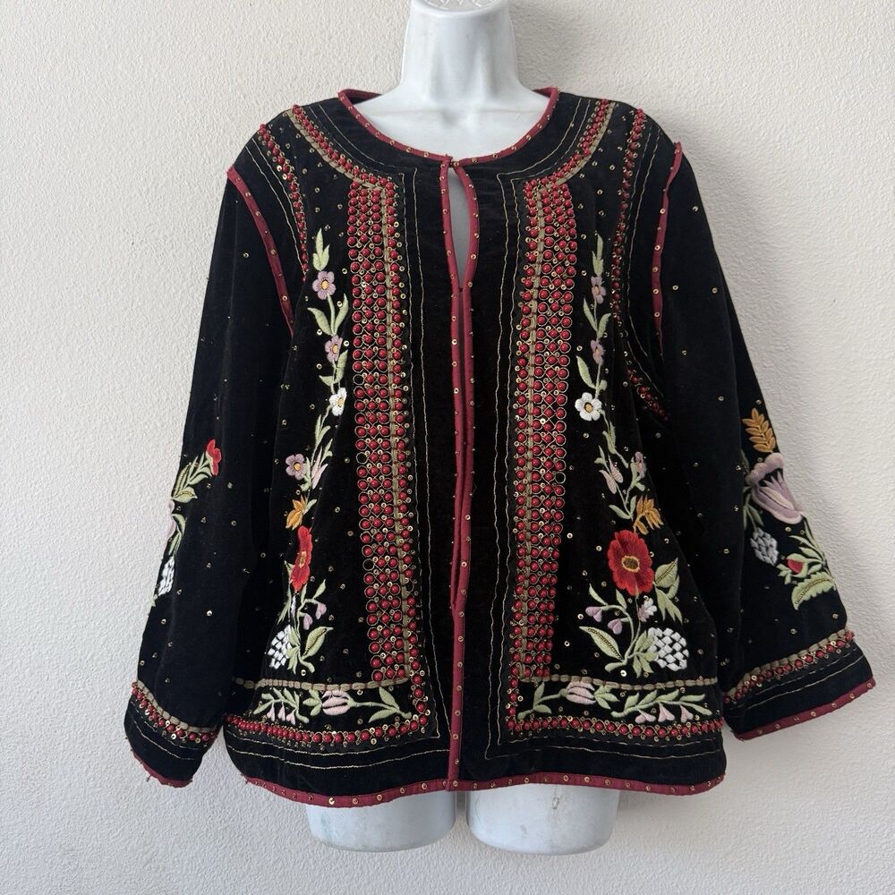 John Mark Velvet Embroidered Floral Jacket XL Black Beaded Boho Whimsygoth